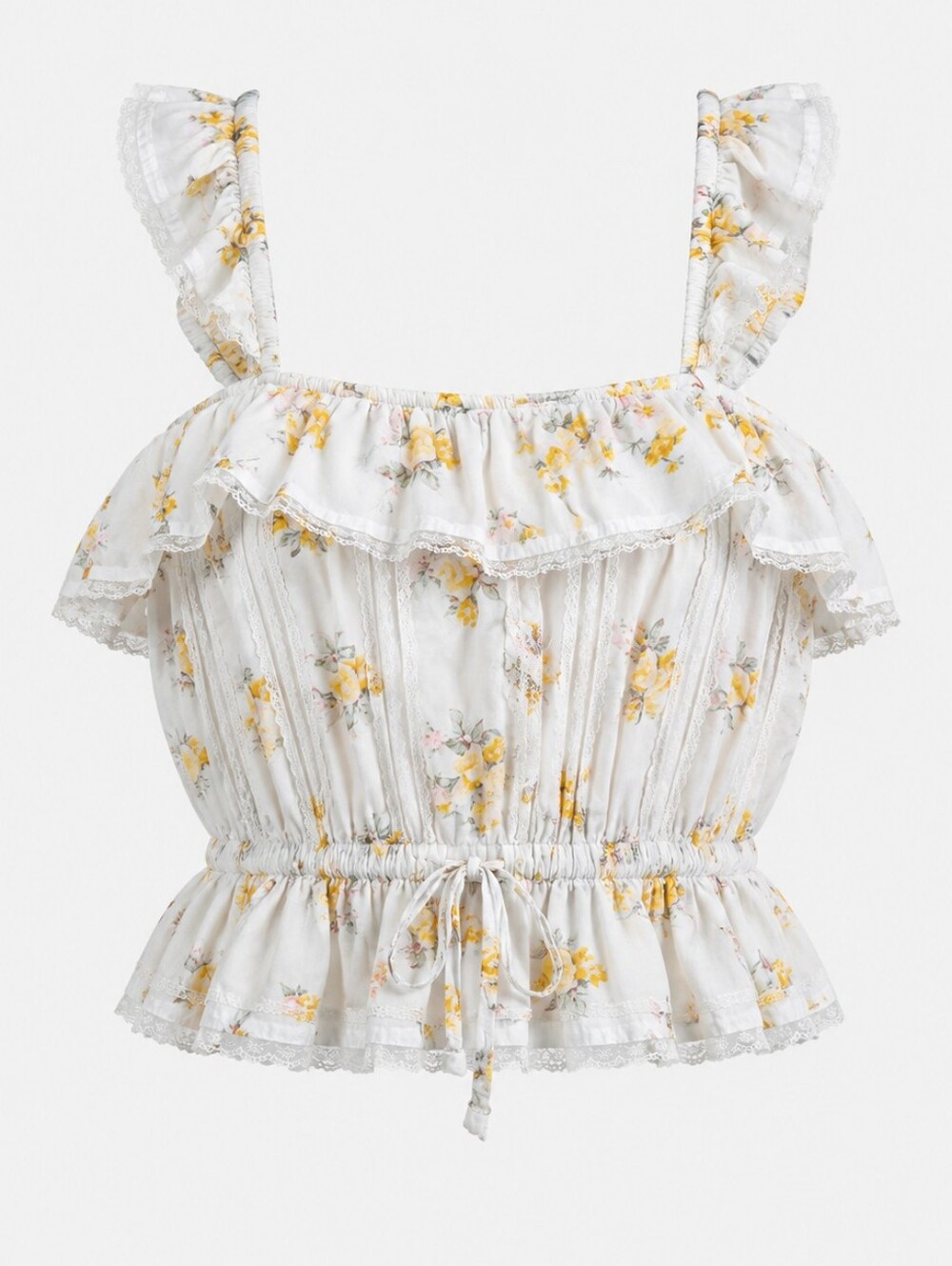 Chelsea & Violet White Yellow Floral Ruffle Lace Trim Romantic Crop Top Size L